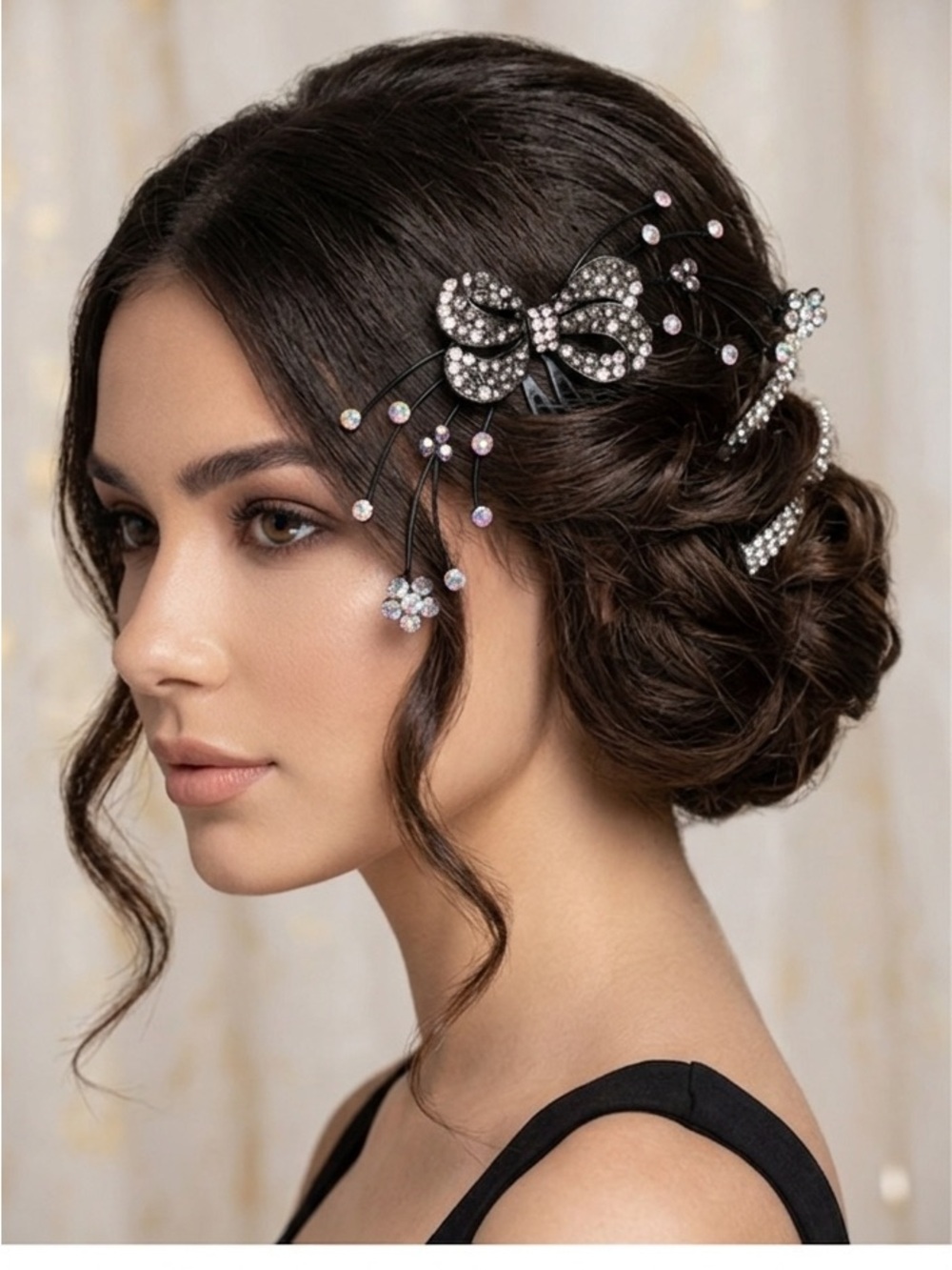 Rhinestone Decorative Hair Comb - Black with Clear Crystals